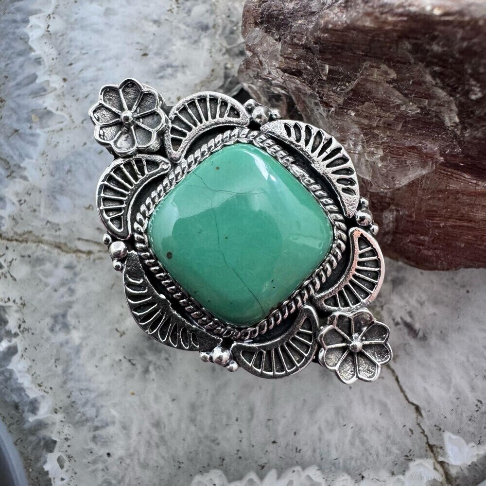 Sterling Southwestern Style Square Green Turquoise Adjustable Decorated Ring